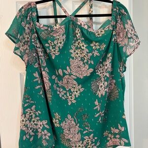 Torrid Green Floral Blouse with Pink Accents